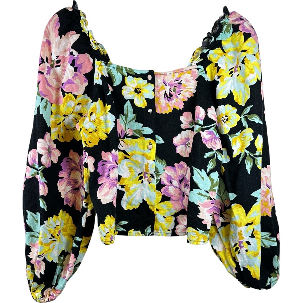 Who What Wear Floral Balloon Sleeve Crop Top XS Black Pink Yellow